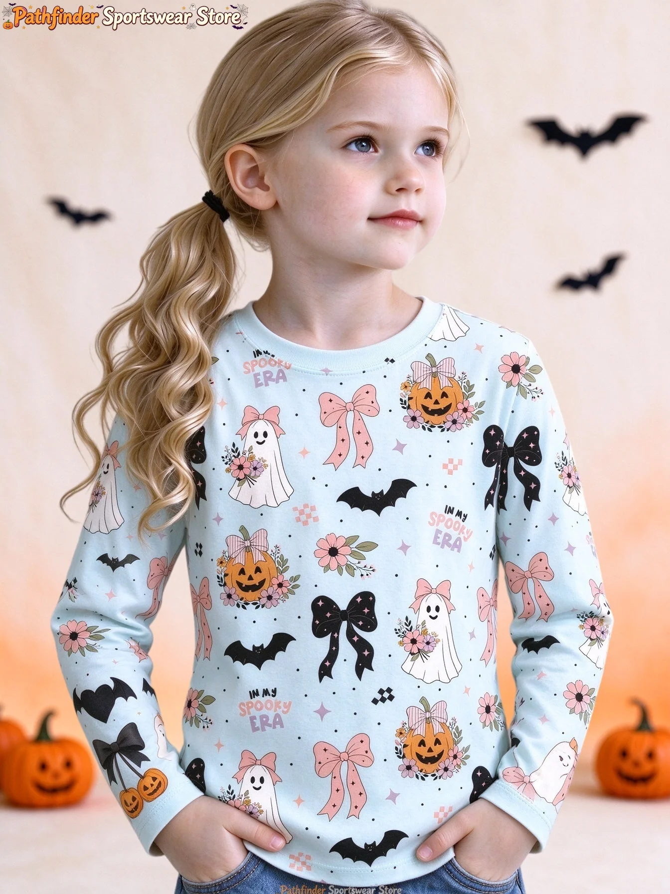 Girls Halloween Long Sleeve Bow Floral Print Shirt Bat Pumpkin Graphic O-Neck Tee Children Sport Tops Girl Party Autumn Clothing