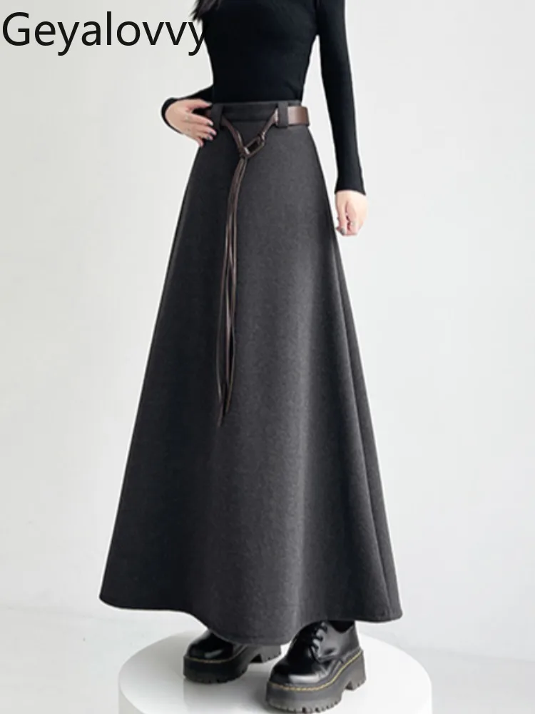 

Повседневная шерстяная юбка-миди трапециевидной формы в корейском стиле с поясом для женщин, осенние и зимние длинные юбки с высокой талией и драпировкой для похудения