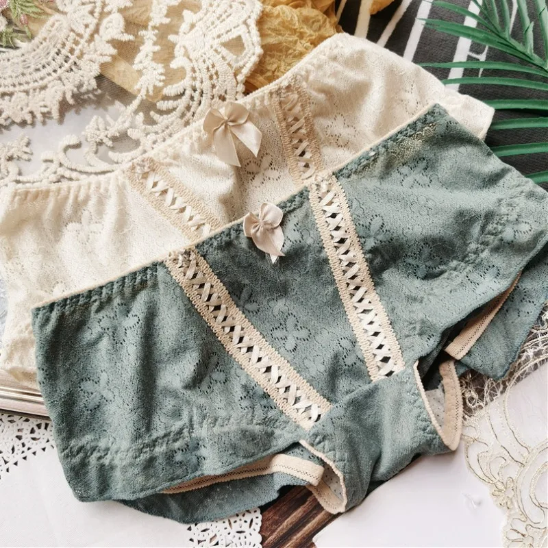 2024 Vintage Sen Style Court Sexy Lace-up Hollow-out Ruffle Low Waist Cute Female Underwear Women Panties Lingerie Tenu