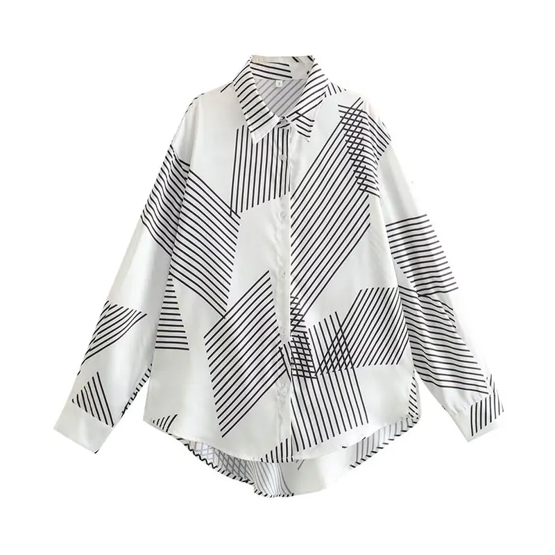 

Geometric Print Blouses With Women's New Casual Fit Button-Down Nine Quarter for Spring and Summer Short Sleeve Plus Size