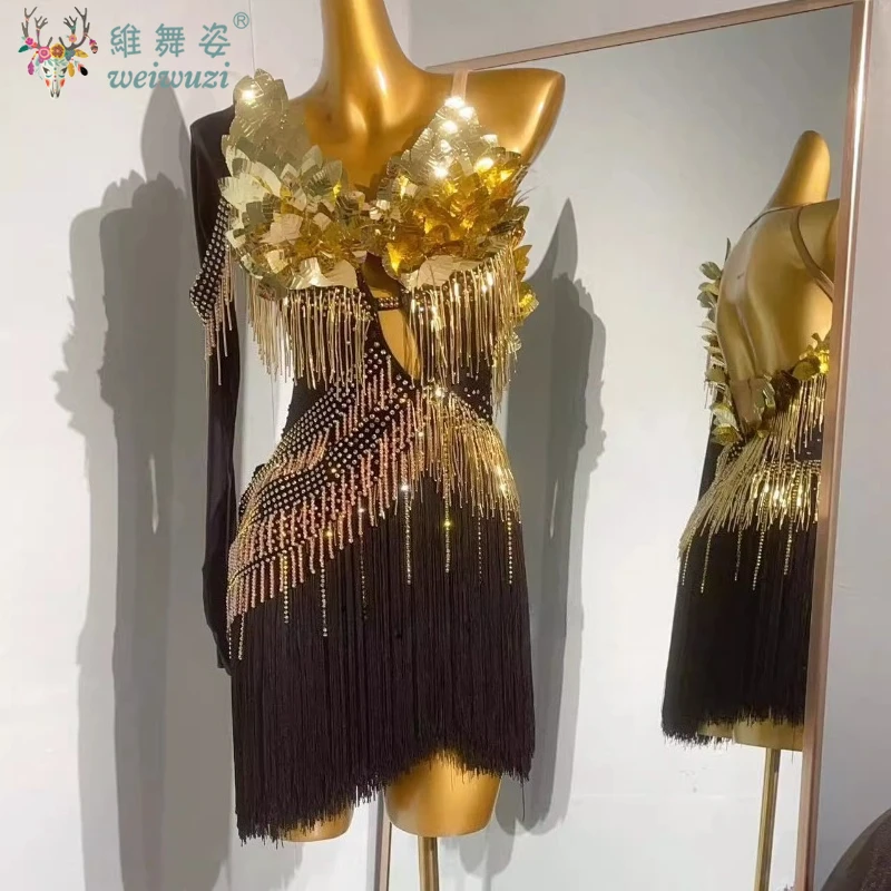 

Latin Dance Dress High-end Custom Gold Piece AB Stones Full Tassel Glitter Cha Cha Cha Tango Women Stage Professional Clothing