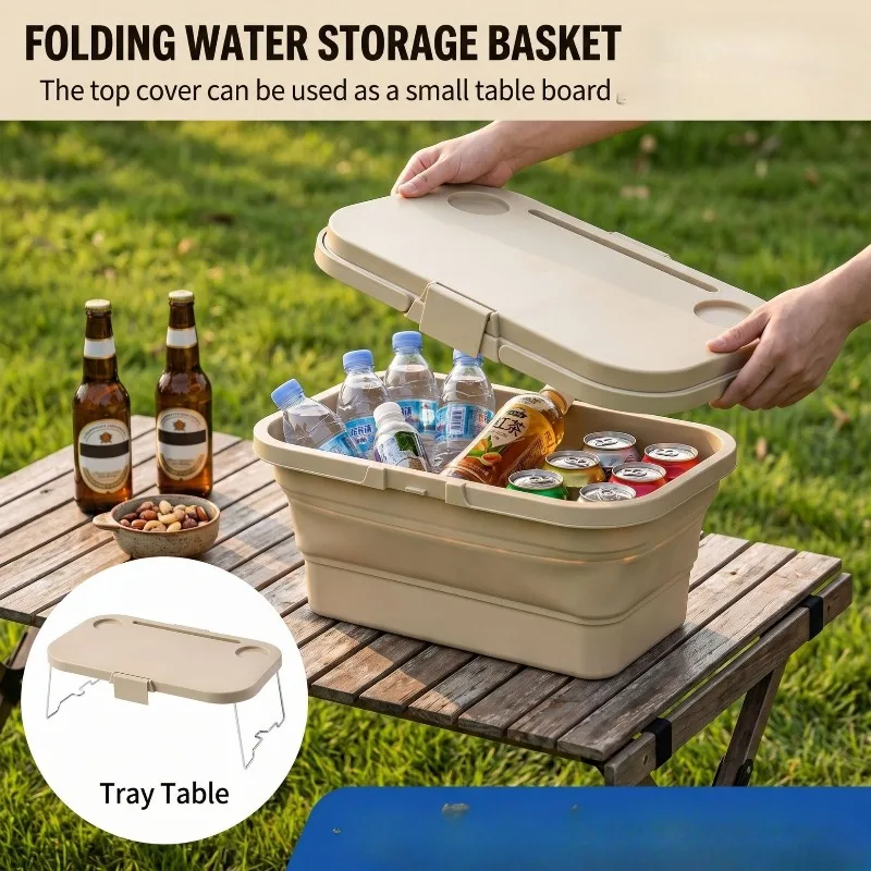 Collapsible Water Storage Basket, Detachable Multi-function Lid Table, Food grade Silicone Foldable Body, Built in Cup Groove Design, Outdoor Picnic Camping Drinks Food Storage, Campers Outdoor Travel Enthusiasts