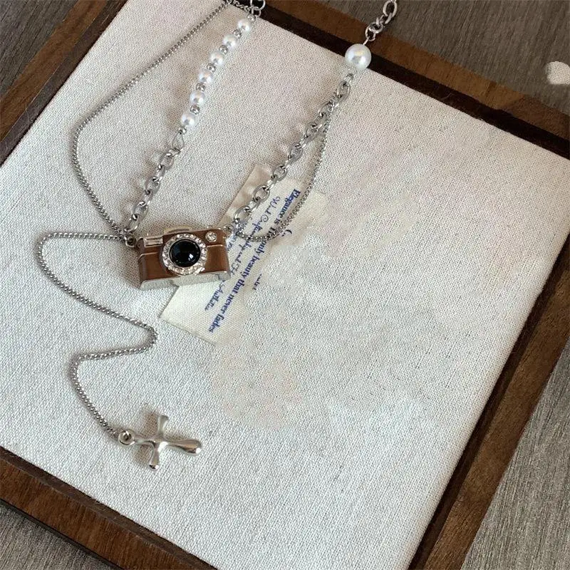 (.) 1PC Kpop Hip-Hop Simple Personality Vintage Brown Camera Pendant Necklace Unisex Punk Y2K Charms Jewelry Accessories