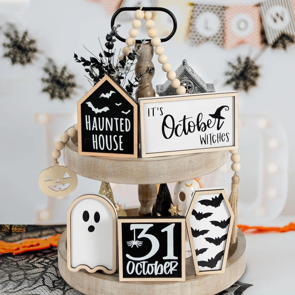 6Pcs Halloween Decoration Halloween Tiered Tray Decor Set Bat Coffin Haunted House Ghost Halloween Sign Wood Table Decoration