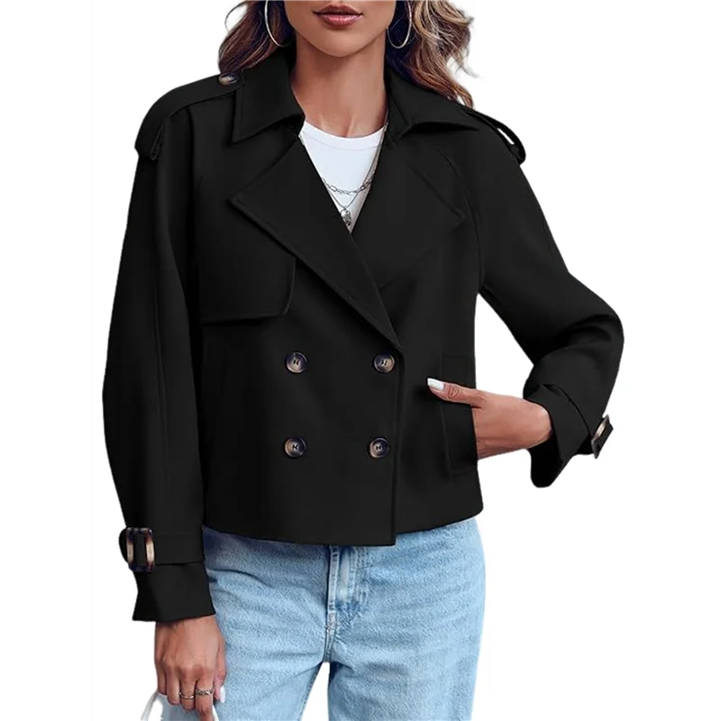 

ABKP-Women Long Sleeve Double Breasted Notched Lapel Casual Loose Fit Cropped Trench Jackets With Pockets