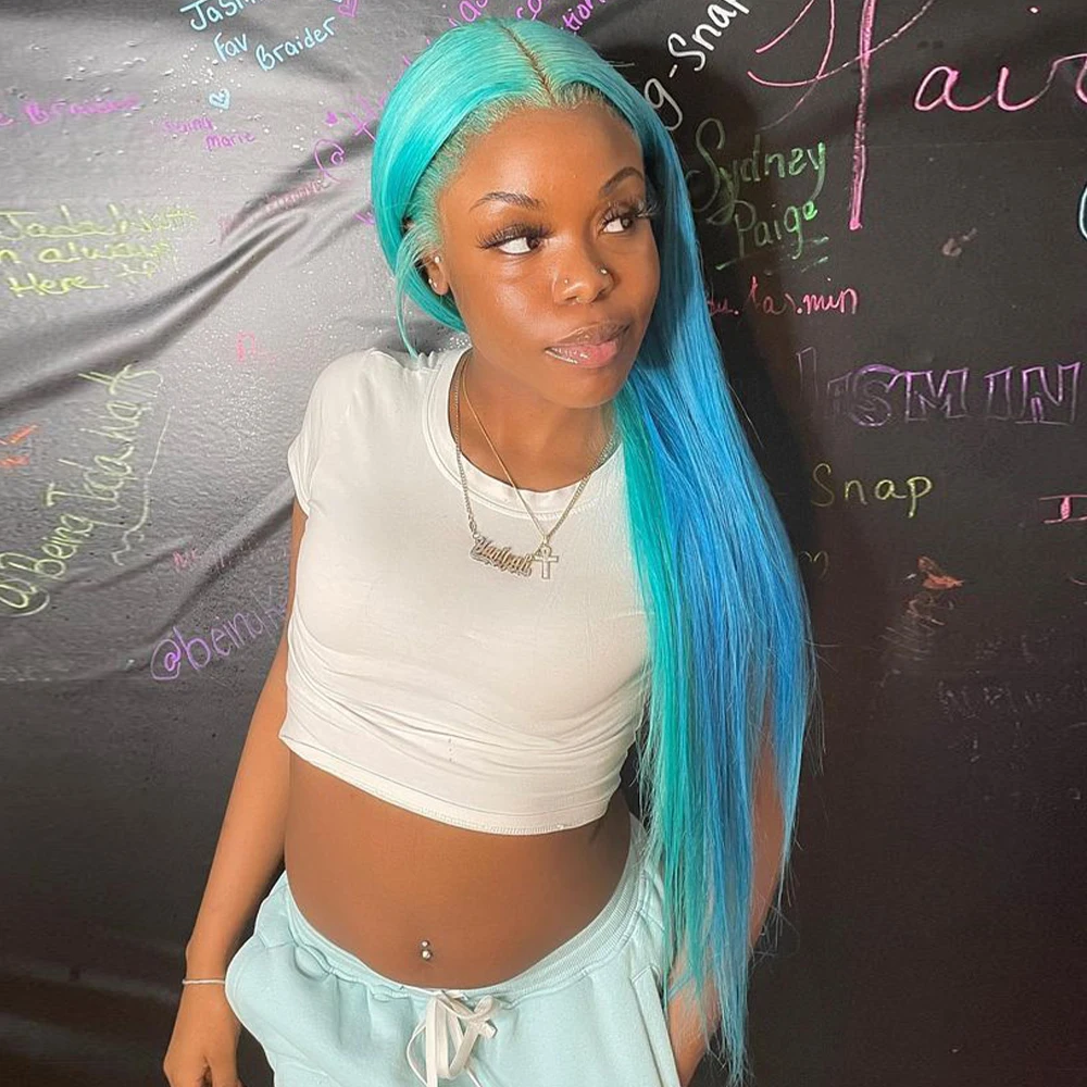 الضوء الأزرق مستقيم 13x6 الدانتيل الشفاف الجبهة خصلات الشعر المستعار الإنسان قبل قطعها البرازيلي الأزرق الداكن 13x4 الدانتيل الباروكات الأمامية للنساء