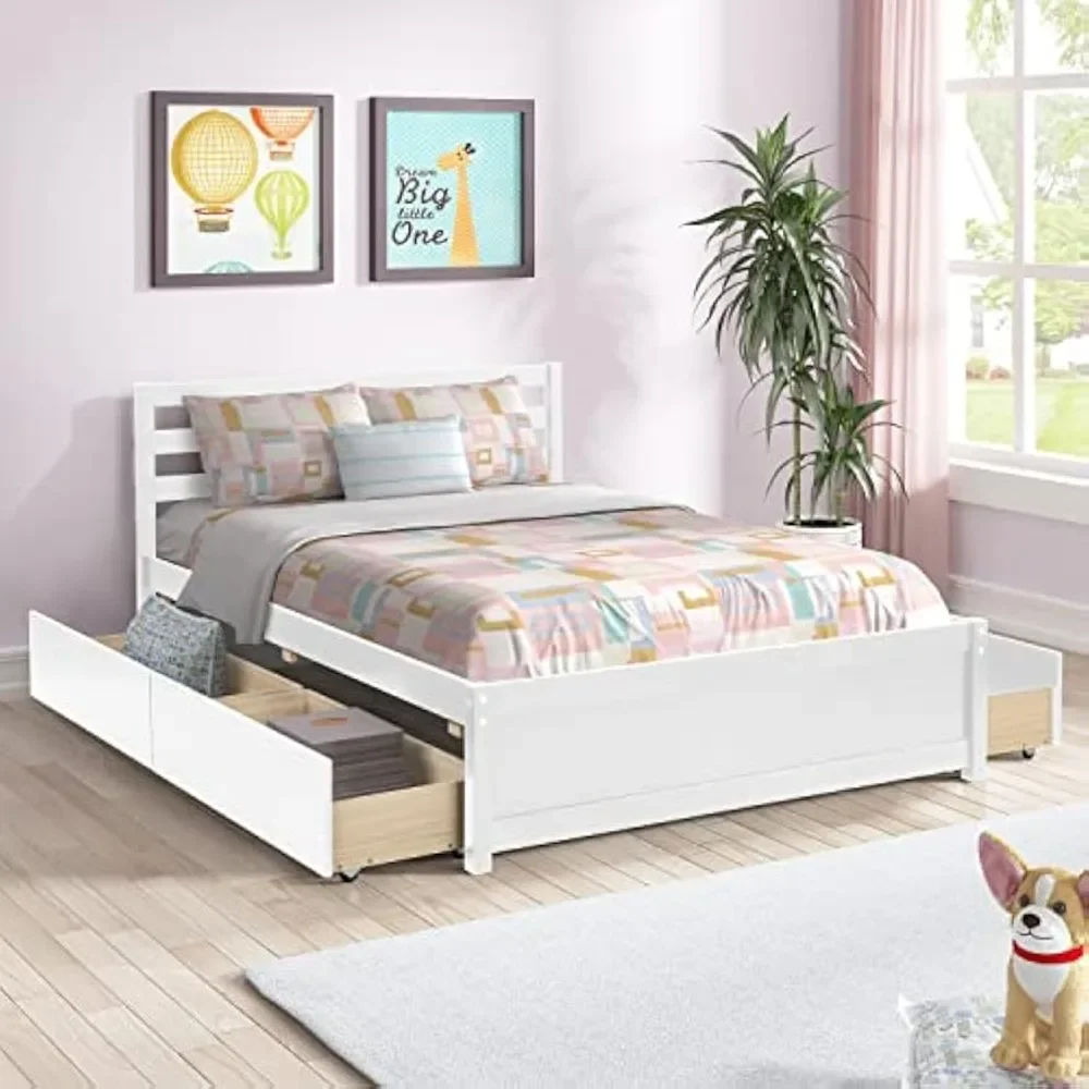 Full Size Wood Platform Bed Frame with 4 Storage Drawers and Headboard of White Color for All Ages