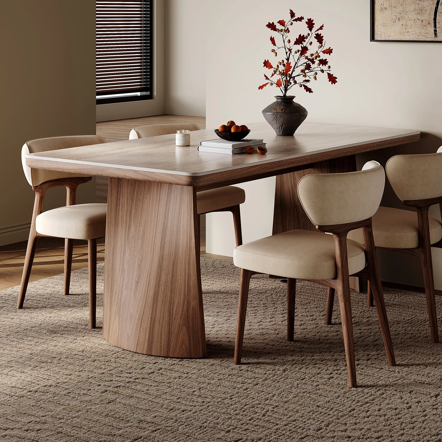 Solid wood travertine rock slab dining table and chair combination household rectangular dining table