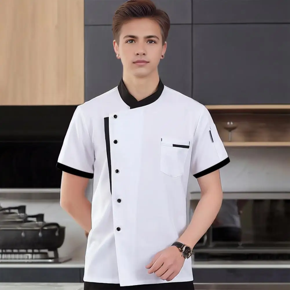 Unisex Chef-Shirt Opstaande Kraag Single-Breasted Korte Mouwen Restaurant Diner Keuken Kok Top Bakkerij Hotel Ober Uniform