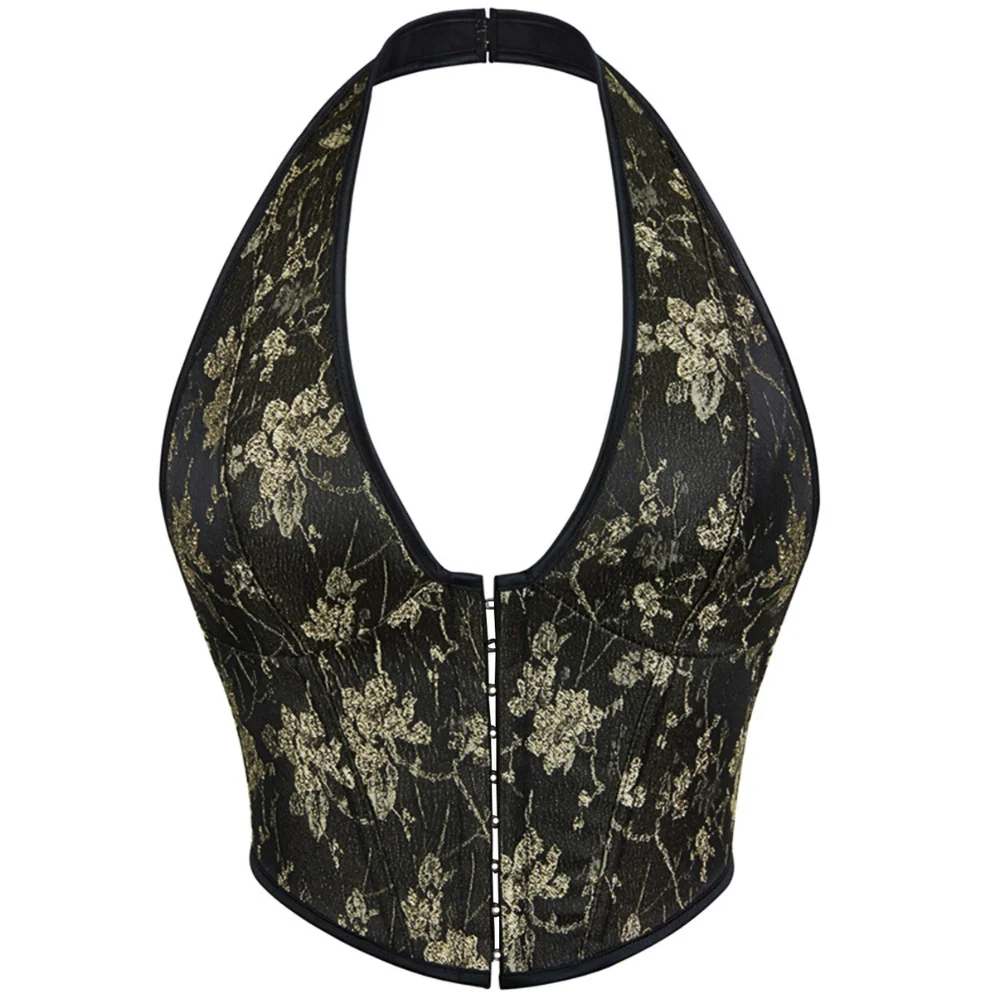 Women Halter Corset Top Floral Jacquard Front Hook Bustier Back Lace Up Vintage Crop Top Vintage Aesthetic Halter Bustier