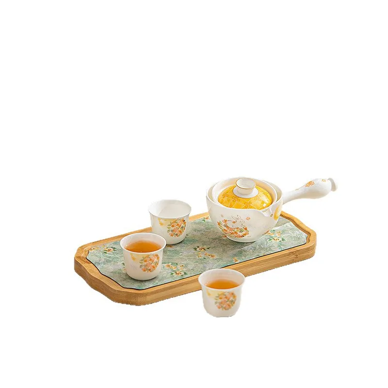 HYS porcelain Mid-Autumn Festival gift teacup tea set, bone china flower ball brocade rabbit tea bowl, kung fu tea set gift box 5