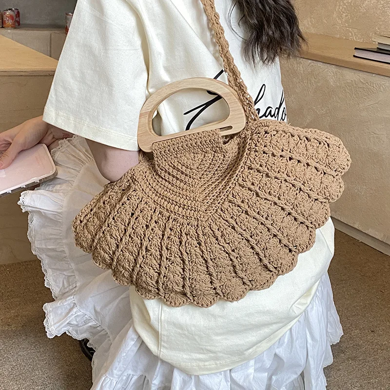 

Bohemian Rope Crochet Shoulder Bag Wooden Handle Women Handbags Handmade Woven Beach Bags for Women Knitting Clutch Tote Ladies