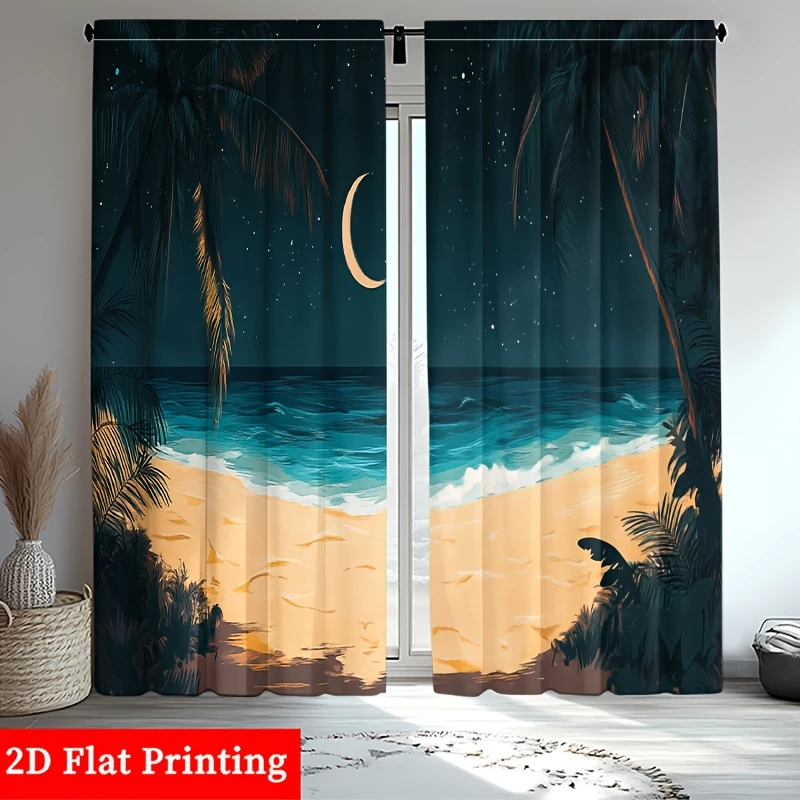 Blackout Tropical Beach Night Curtains 2pcs Starry Sky Palm Tree Ocean Galaxy Window Drapes Pair Modern Home Decor