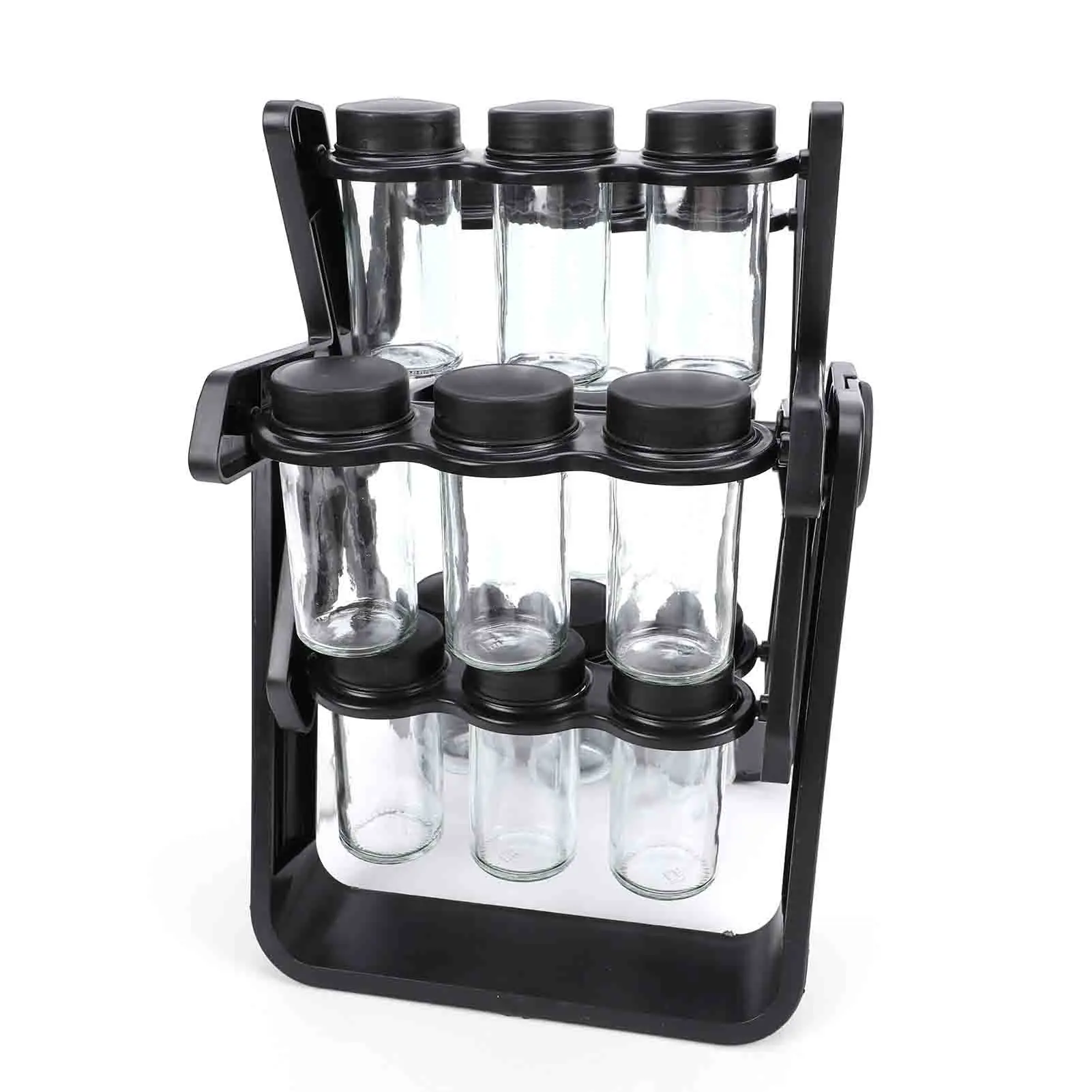 18 Jar Glass Spice Carousel Organizer 360° Revolving Spice Rack w Labels and Collapsible Funnel Space Saving Black Spice Holder