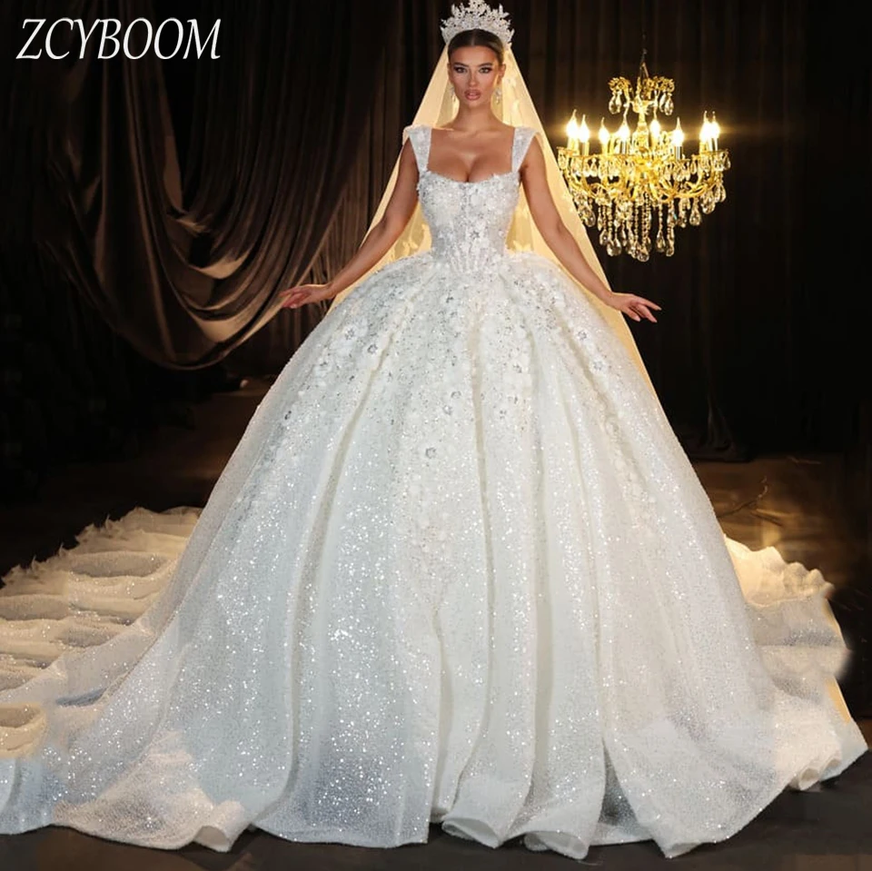 Precioso vestido de novia blanco con tirantes finos, flores, lentejuelas, espalda abierta, vestido de baile hasta el suelo, tren de barrido, 2024