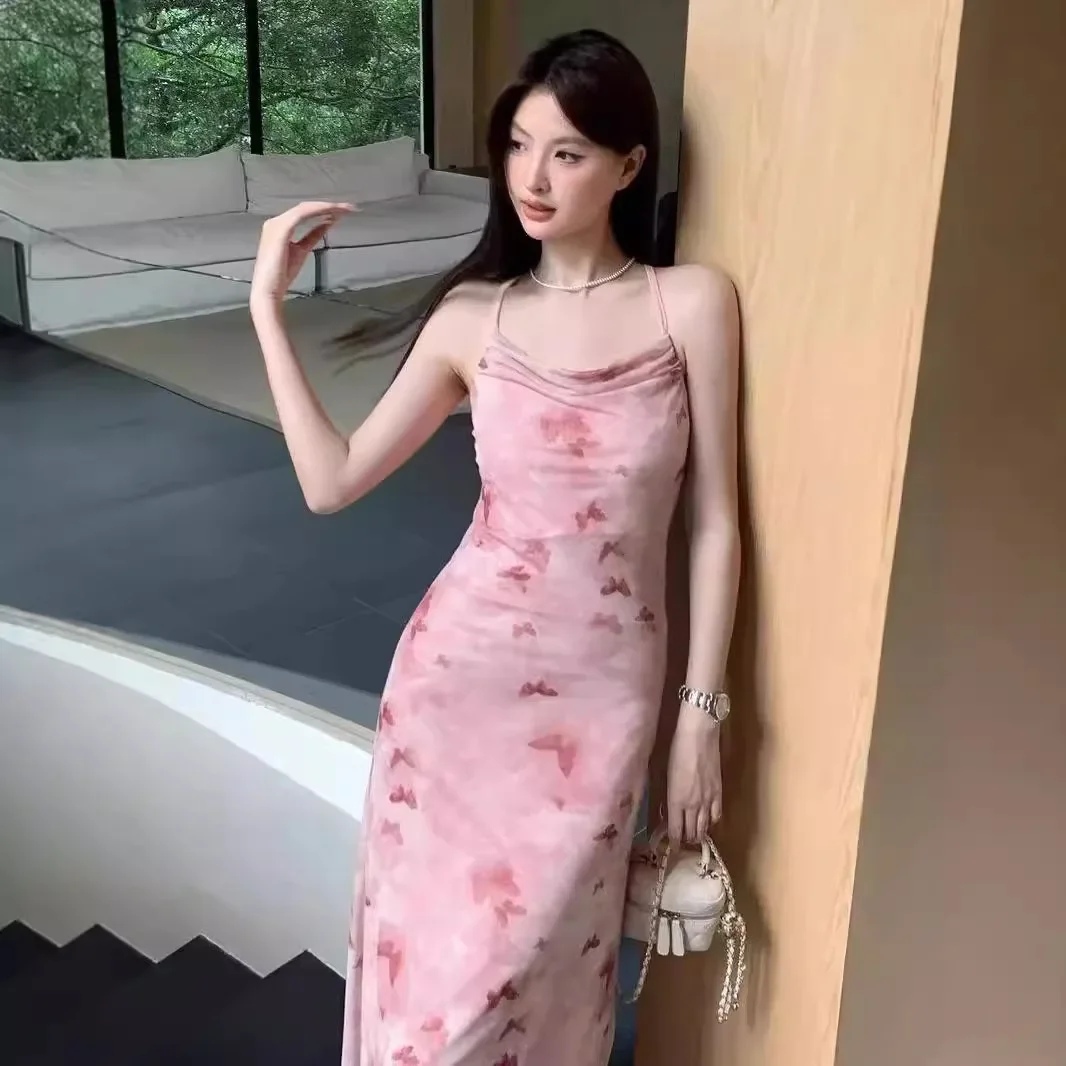 French Print Ruffle Hem Strapless Midi Dress Women's Summer Slim Fit Split Waist Cinched Long Skirt Maxi Dress