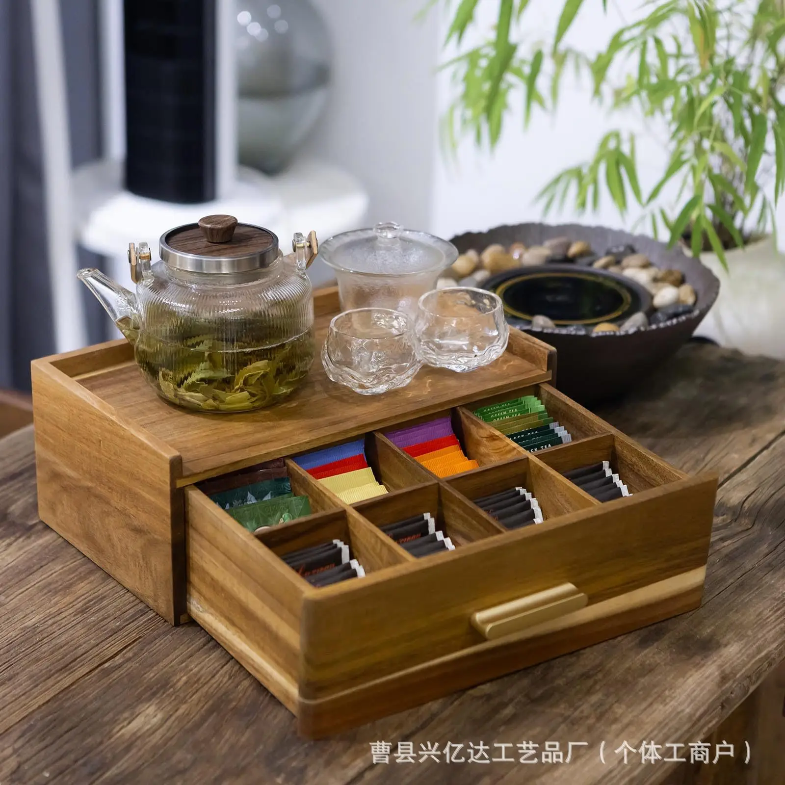 

Wooden storage box with grid household tea bag milk coffee bag classification storage box packaging
