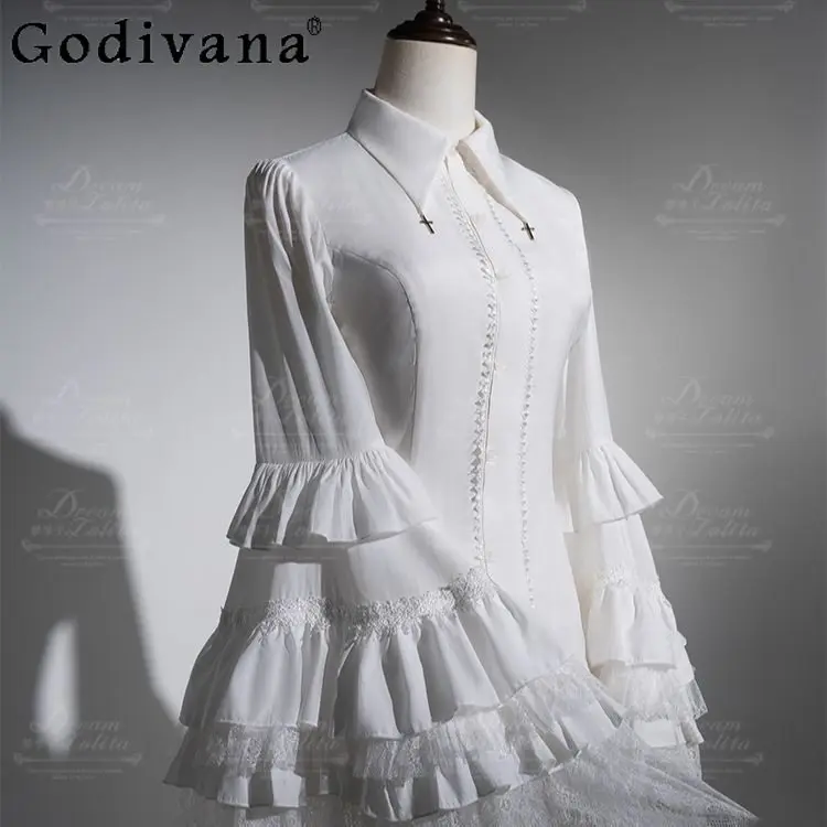 

Блузка в стиле готической Лолиты, белая с черным, с длинным рукавом, для женщин, приталенная, элегантная, с кружевной отделкой, винтажная, весна-осень