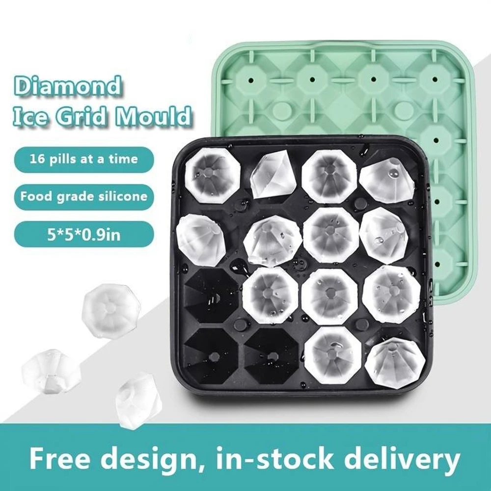 16 Grid Diamond Ice Tray Mold Box Food Grade Silicone Ice Cube Blocks Maker Mould Machine Whiskey Wine Bar Tools Kitchen Gadgets