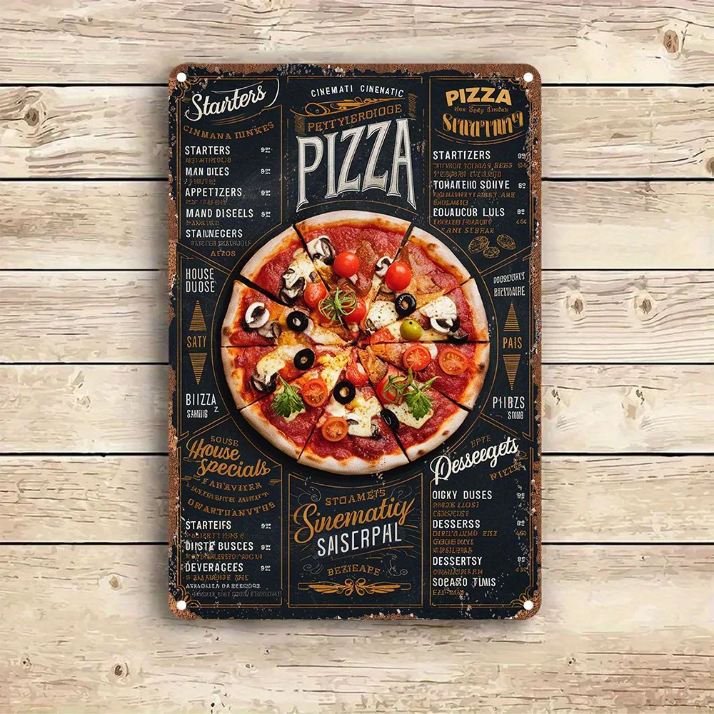 Vintage Metal Aluminum Sign, Retro Pizza Menu Art Wall Decor, Tinplate Plaque, for Garden,  Garage with Christmas Decoration