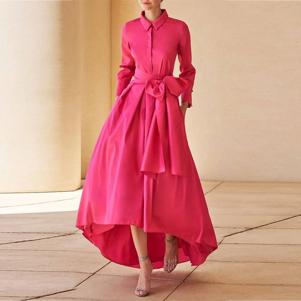 Customized Mother of the Bride Dresses Shirt Collar Satin Wedding Guest Gowns Bow Asymmetrical Dress Women for Wedding Party New