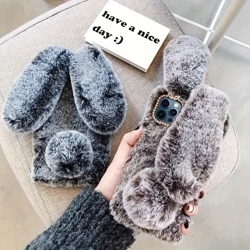 

3D Rabbit Plush Case for iPhone 16 Pro Max Luxury Cute Warm Bunny Furry Soft 3D Long Ear Hair Plush Rabbit Case Cover for Grils