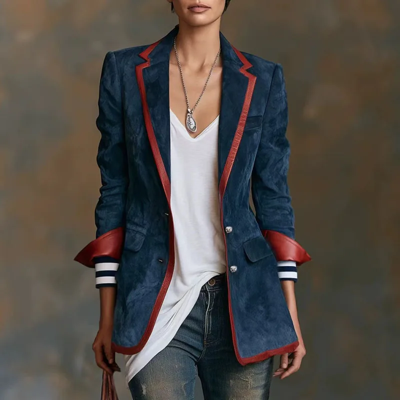 Contrast Red Trim Suede Jackets Women Notched Lapel Long Sleeve Striped Cuff Buttons Slim Fit Casual Blazer Vintage Street Coats