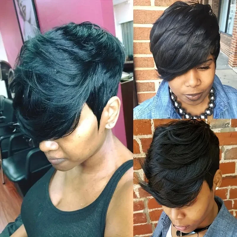 짧은 인모 가발 픽시 컷 웨이브 가발 여성용 레이어드 풀 머신 제작 가발