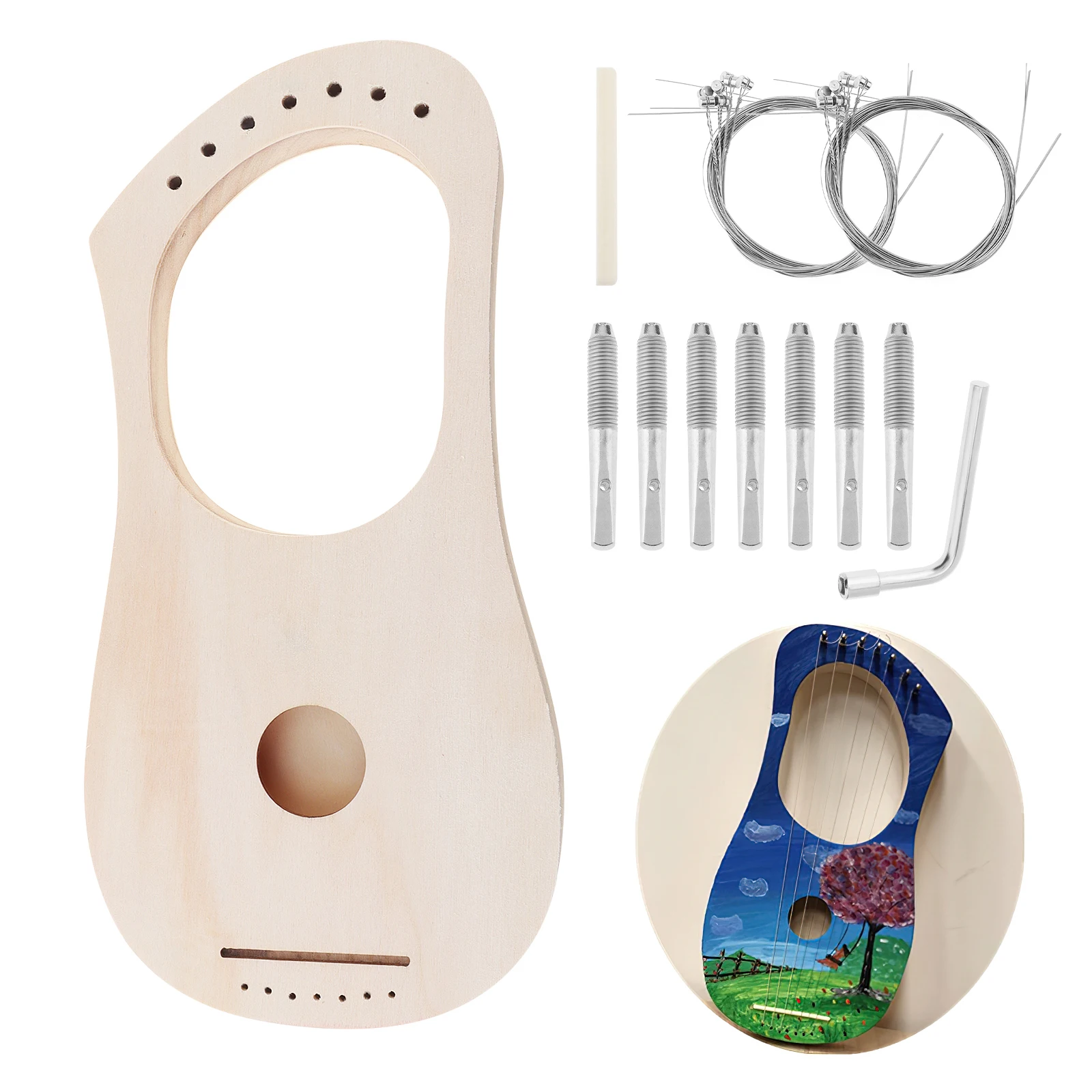 7 Strings Solid Basswood Lyre Harp DIY Kit for Amateur Beginner Fun Toy Art, String Instrument Handwork Painting Assembly