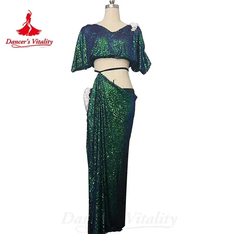 Belly Dance Costume Suit Women\'s Customized V Neck Short Sleeved Top+Split Long Skirt 2ps Oriental Dance Performance Costumes