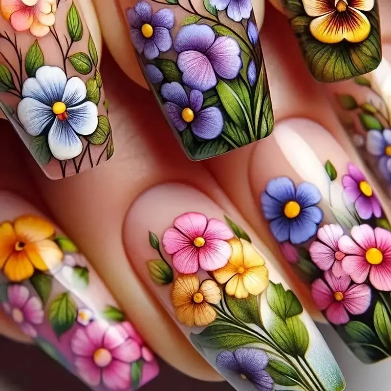 24pcs Mini Flower Press on Nails with Glue Painting Floral Acrylic Fake Nails Spring Design Short Square False Nails for Girls