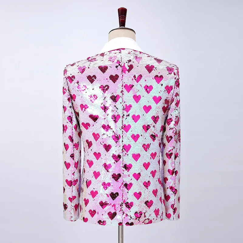 2025 Blazer de lentejuelas que cambia de Color de amor con cuello de fruta verde a la moda para hombres, chaqueta de vestir de actuación de presentador de cantante rosa de moda
