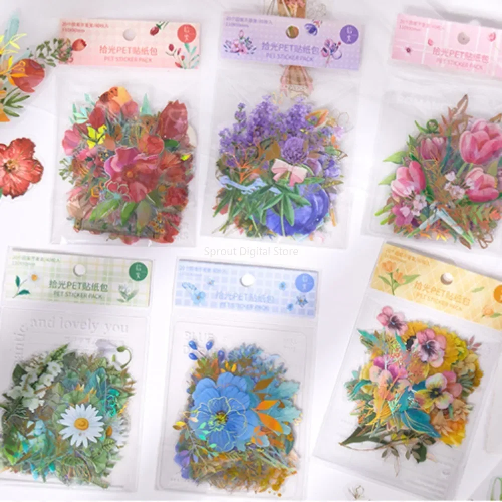 40 Stück/Packung PET-Blumen-Aufkleber, Pflanzenaufkleber, Gänseblümchen-Dekor, Schreibwaren für Junk Journal, DIY, Scrapbooking, Etikettenaufkleber