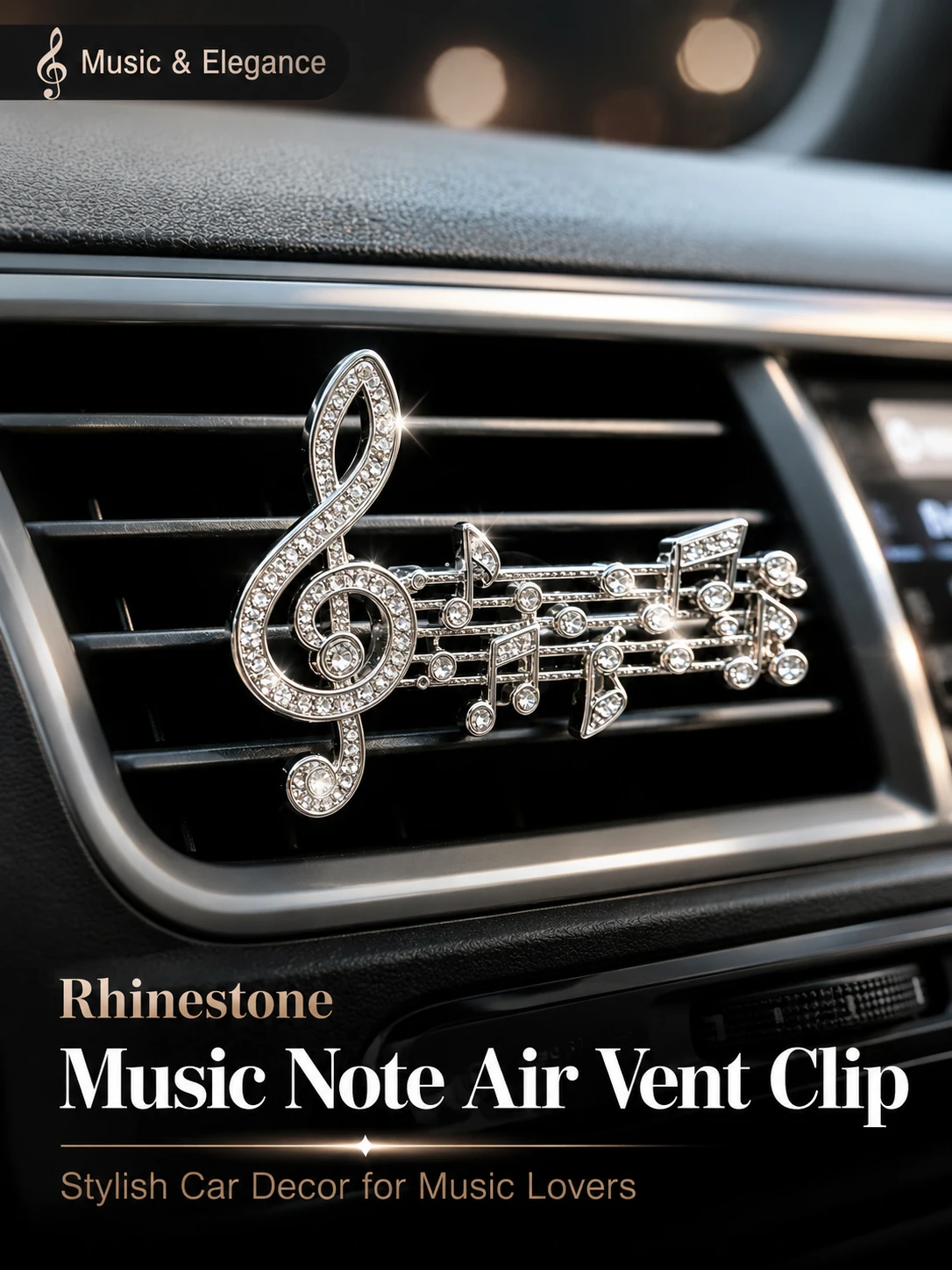 Rhinestone Music Note Car Air Vent Clip Silver Crystal Treble Clef Auto Interior Decor Ornament Gift for Music Lovers