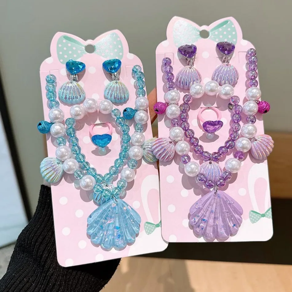 Mermaid Ocean Shell Pearl Beaded Necklace Earrings Jewelry Set for Girls Princess Accessories Birthday Party Dress Up Kit ZX07 view 3