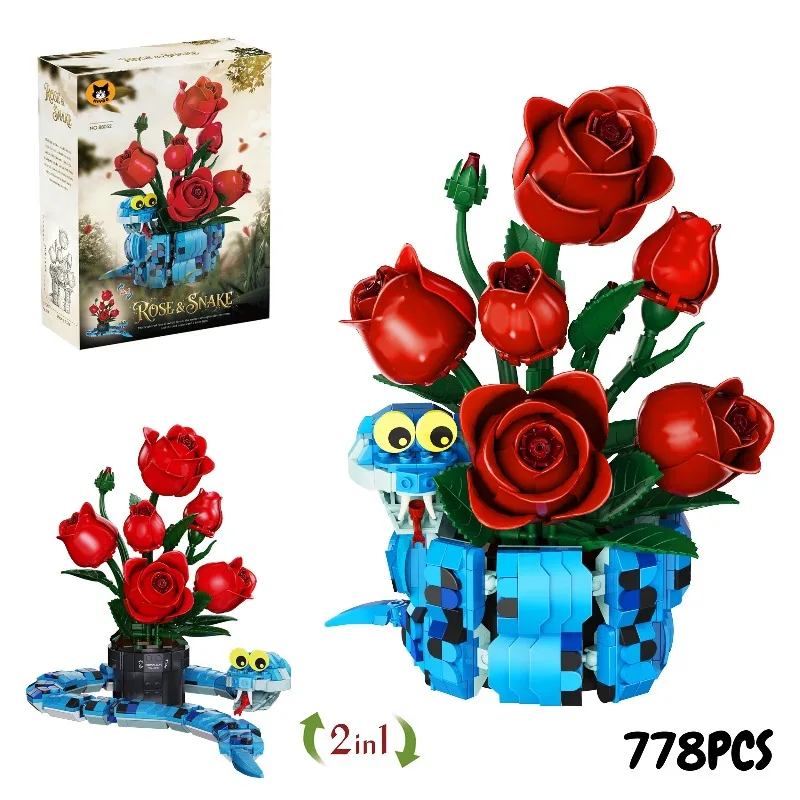 778PCS 2 in 1 Rose & Snake Building Blocks Set Flower Bouquet Model DIY Assembly Botanical Animal Decor Construction Toy Gift