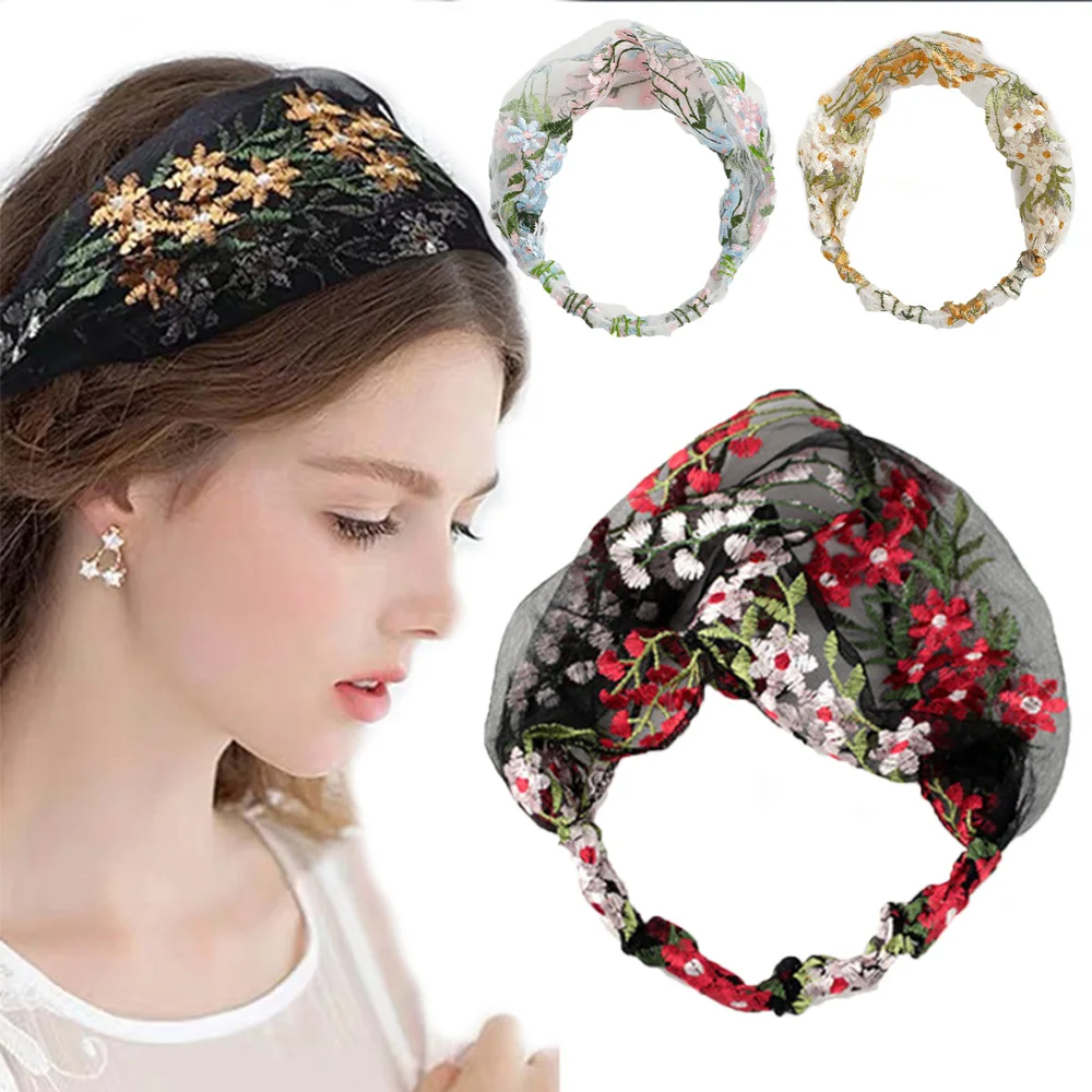 

Wide-Brimmed Women Floral Lace Face Wash Korean Headdress Turban Headband Hair Accessories Hair Band