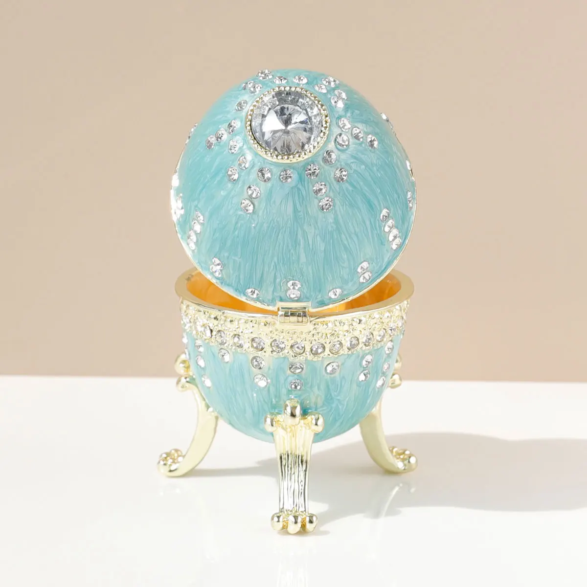 Vinage Blue Faberge scatola portagioie smaltata stile uovo incernierata, regalo unico per la famiglia