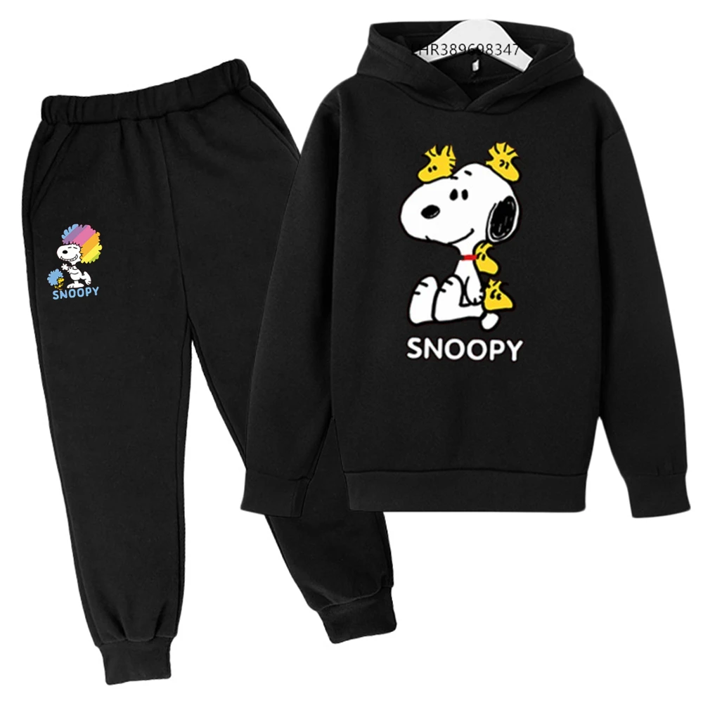 New Children Hoodie+Pants Clothing interest Cartoon Snoopy Suitable age 3-12 Boys Girls Autumn Winter  set black Sweatshirt coat