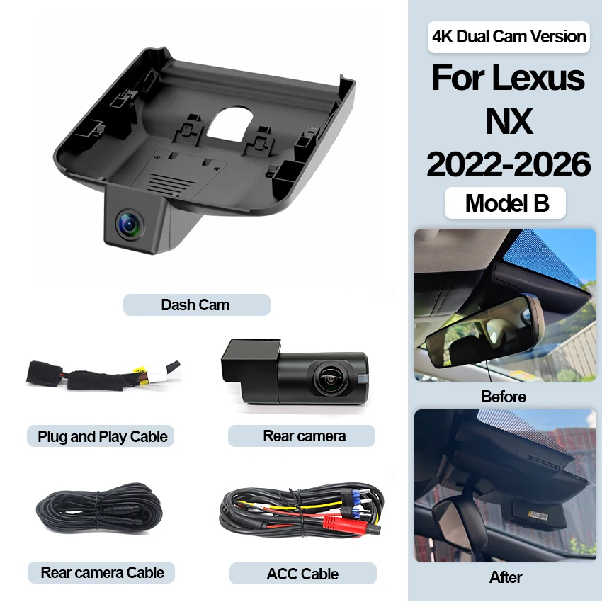 4K HD Dashcam, Dashcam voor Lexus NX200 NX300 NX300h NX260 NX350h, WiFi & APP Auto DVR voor Lexus NX 200 300 300h 260 350h 2018-2026