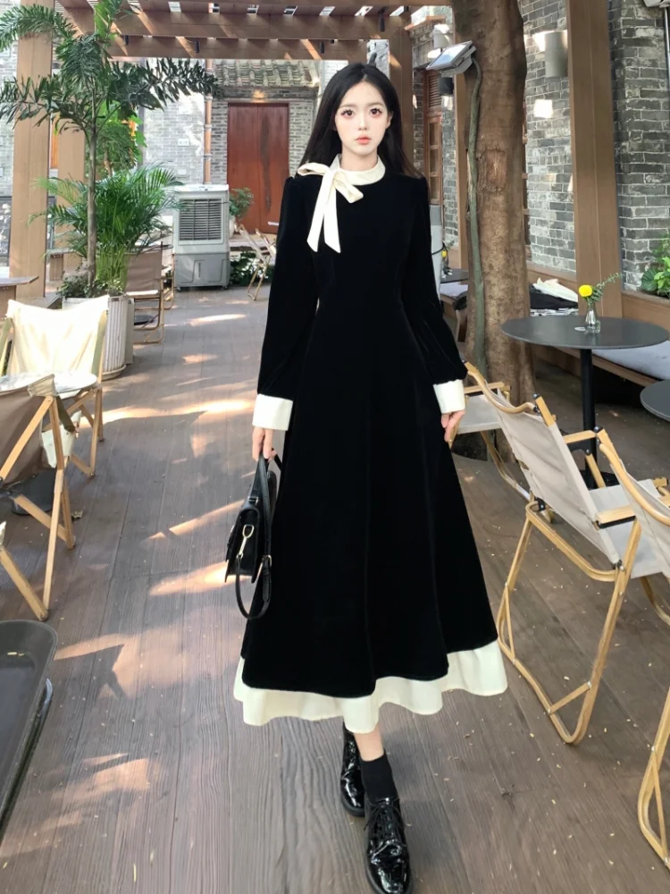 2024 French Elegant Retro Splicing Women\'s Mid-length Evening Dress Spring and Autumn Fashion Color Collision Collar Bow Dresses