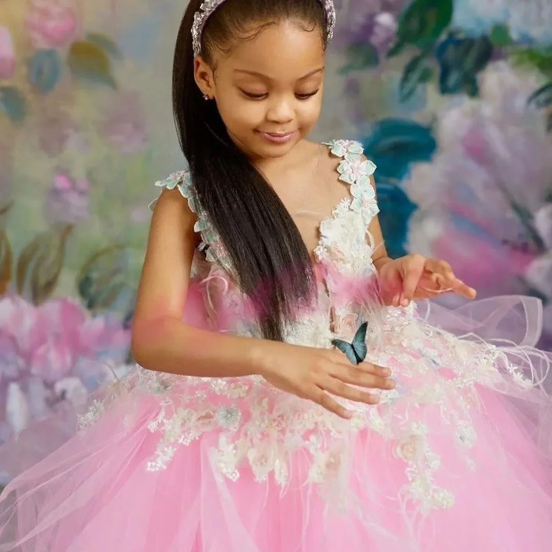 فساتين فتاة الزهور السوداء لحفلات الزفاف مزينة بالدانتيل الأحمر للفتيات والأطفال فستان حفلة عيد ميلاد أول فساتين التواصل المقدس حسب الطلب #4