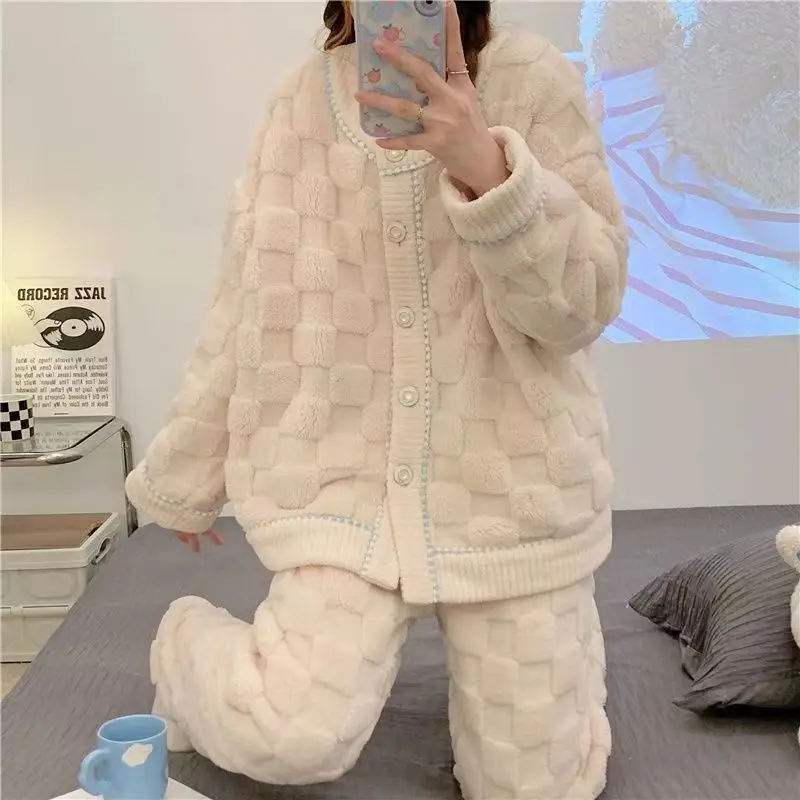 Autumn Winter Flannel Home Clothes Women's Sweet Pajamas Thick Warm Coral Fleece Sleepwear Sexy Lingerie Loungewear 2PCS Pyjama