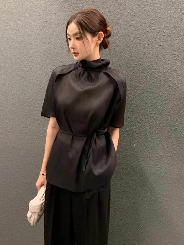 

Ele Women's irt Summer Faion Turn-down Collar Ba-tie Design Bubble Sve Loose Fit Color Korean Sle Top