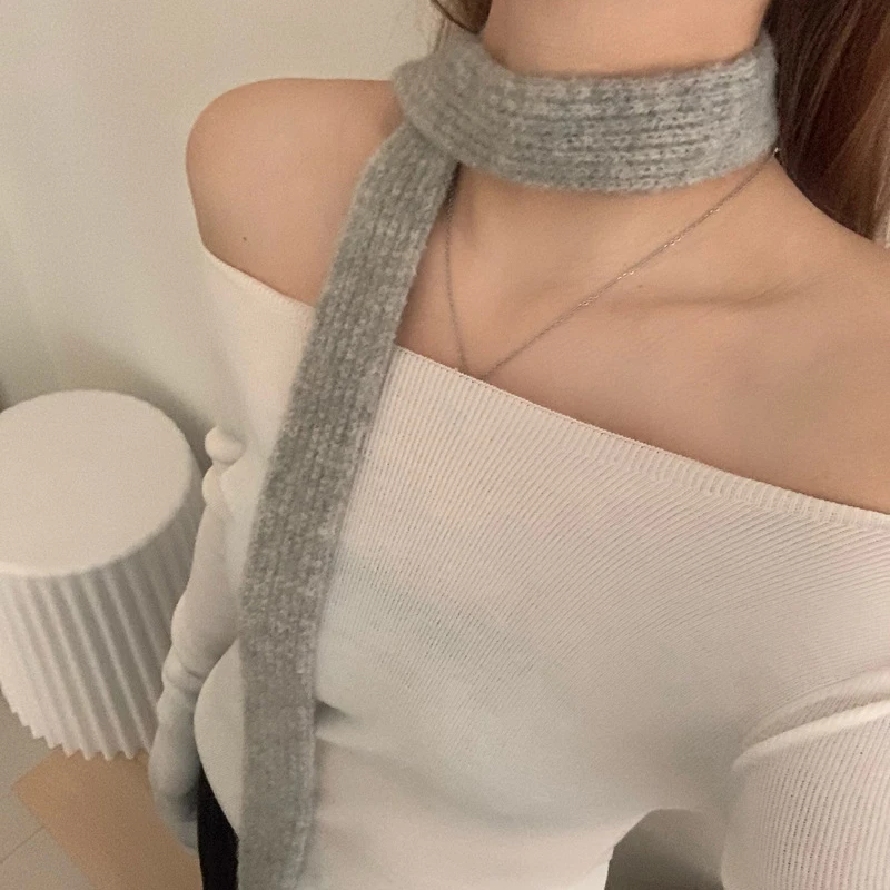 Women Harajuku Wool Scarves Solid Color Long Scarves 180Cm Thin Long Decorative Neckerchief Fashion Sense Spice Girl Streetwear