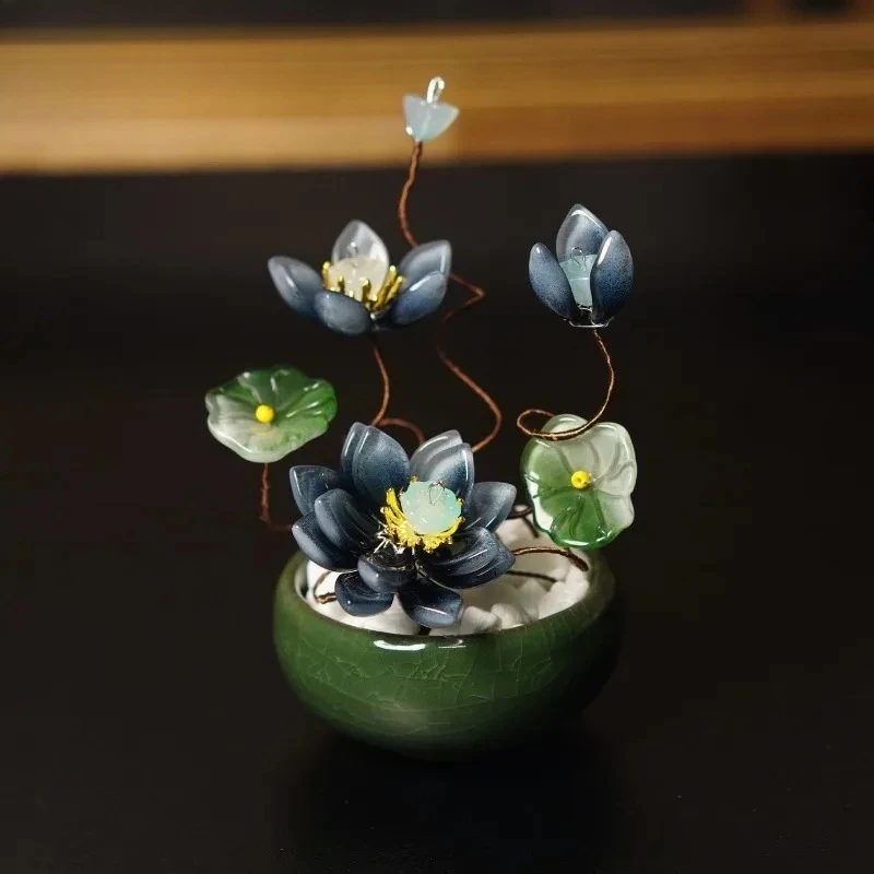 Chinese Mini Flower Ornament Ceramic Flower Pot Ornament Handmade Winding Lotus Flower Decoration Desktop Chinese Decoration