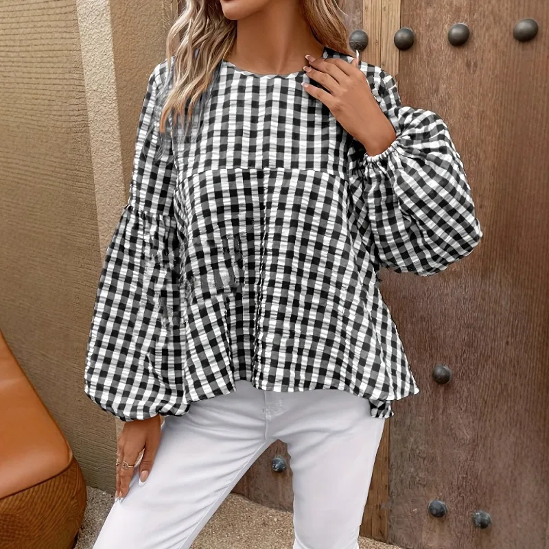 2025 Autumn and Winter Wind Round Neck Doll Shirt Lantern Sleeve Plaid Shirt Loose Top Tide