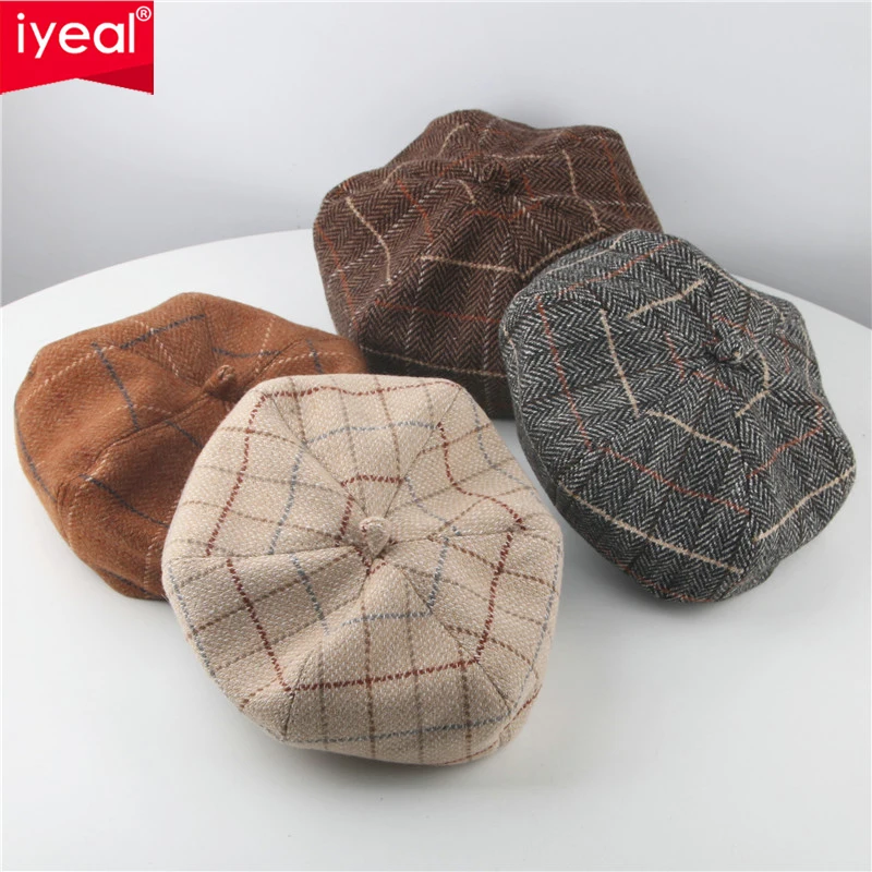 

IYEAL Autumn Winter Children's Woolen Hat Octagonal Hat Boys Girls Beret Fashion British Plaid Painter Hat Warm Parent-Child Hat