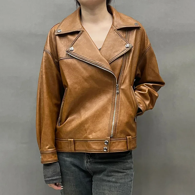 

Real Sheepskin Leather Jacket Vegetable Tanned Skin Leather Coat Fashion Motorcycle Streetwear Outerwear