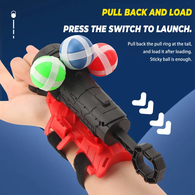 เครื่องยิงลูกบอลเหนียวแบบติดข้อมือสำหรับเด็ก เกมยิงเป้าแบบอินเทอร์แอคทีฟ ของเล่นกีฬาเสริมพัฒนาการสำหรับเด็กผู้ชาย ของขวัญวันเกิด